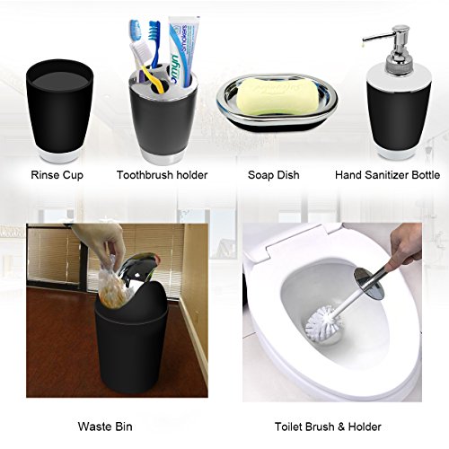 Black Bathroom Accessories Set 6 Pieces Plastic Bathroom Accessories Toothbrush Holder, Rinse Cup, Soap Dish, Hand Sanitizer Bottle, Waste Bin, Toilet Brush with Holder