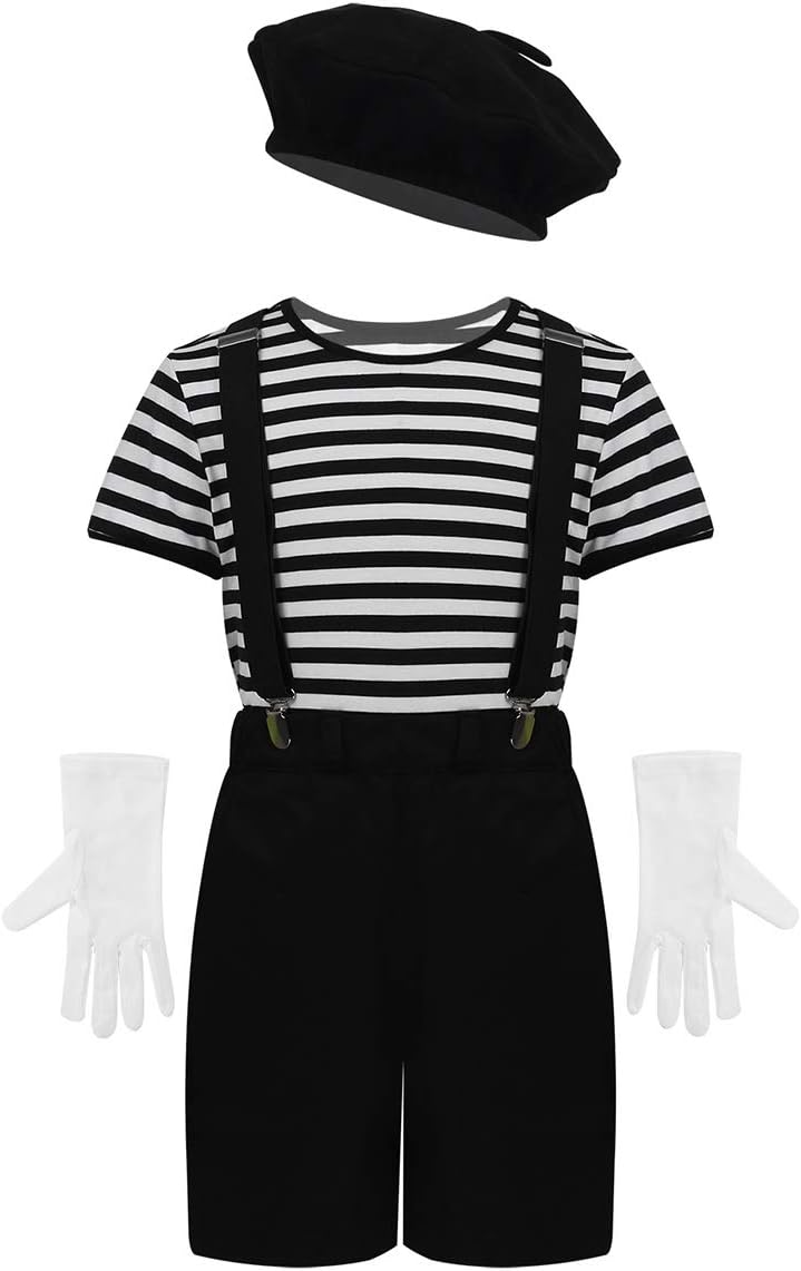 Unisex Boys Girls French Mime Artist Costume T Shirts Pants with Suspender Hat Halloween Outfit