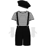 Unisex Boys Girls French Mime Artist Costume T Shirts Pants with Suspender Hat Halloween Outfit