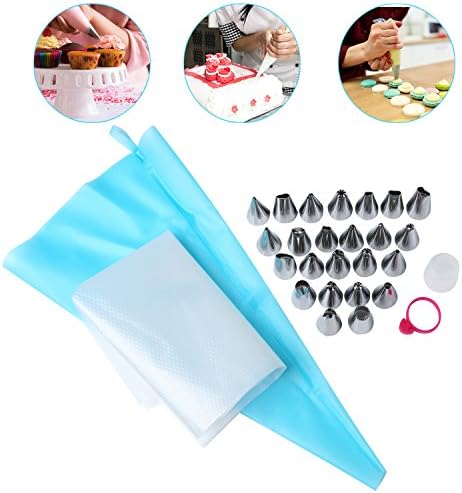 CMaster 28 Pieces Cake Decoration Supplies Kits with Plastic Storage Box, 24 Stainless Icing Tips, 1 TPU Reusable Silicone Cake Piping Pastry Bag, 2 Disposable Icing Decorating Bags and 1 Bag Tie