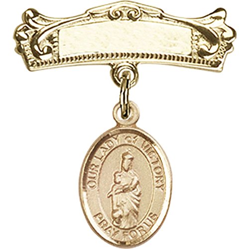 14kt Yellow Gold Baby Badge with Our Lady of Victory Charm and Arched Polished Badge Pin 7/8 X 3/4 inches