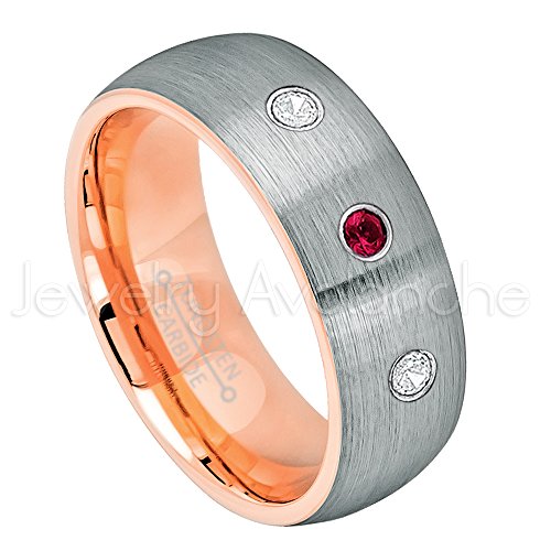 0.21ctw Ruby & Diamond 3-Stone Anniversary Band -July Birthstone Ring - 8mm Rose Gold Inner Comfort Fit Brushed 2-Tone Dome Tungsten Carbide Ring Tungsten Wedding Ring