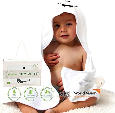 Luxury Bamboo Baby Bath Set | Hooded Towel with Ears &amp; 2 Washcloths | Organic, Ultra Soft, Extra Large | Perfect Shower Gift for Newborn, Infant, &amp; Toddler | Bonus Laundry Bag | ZHELAR