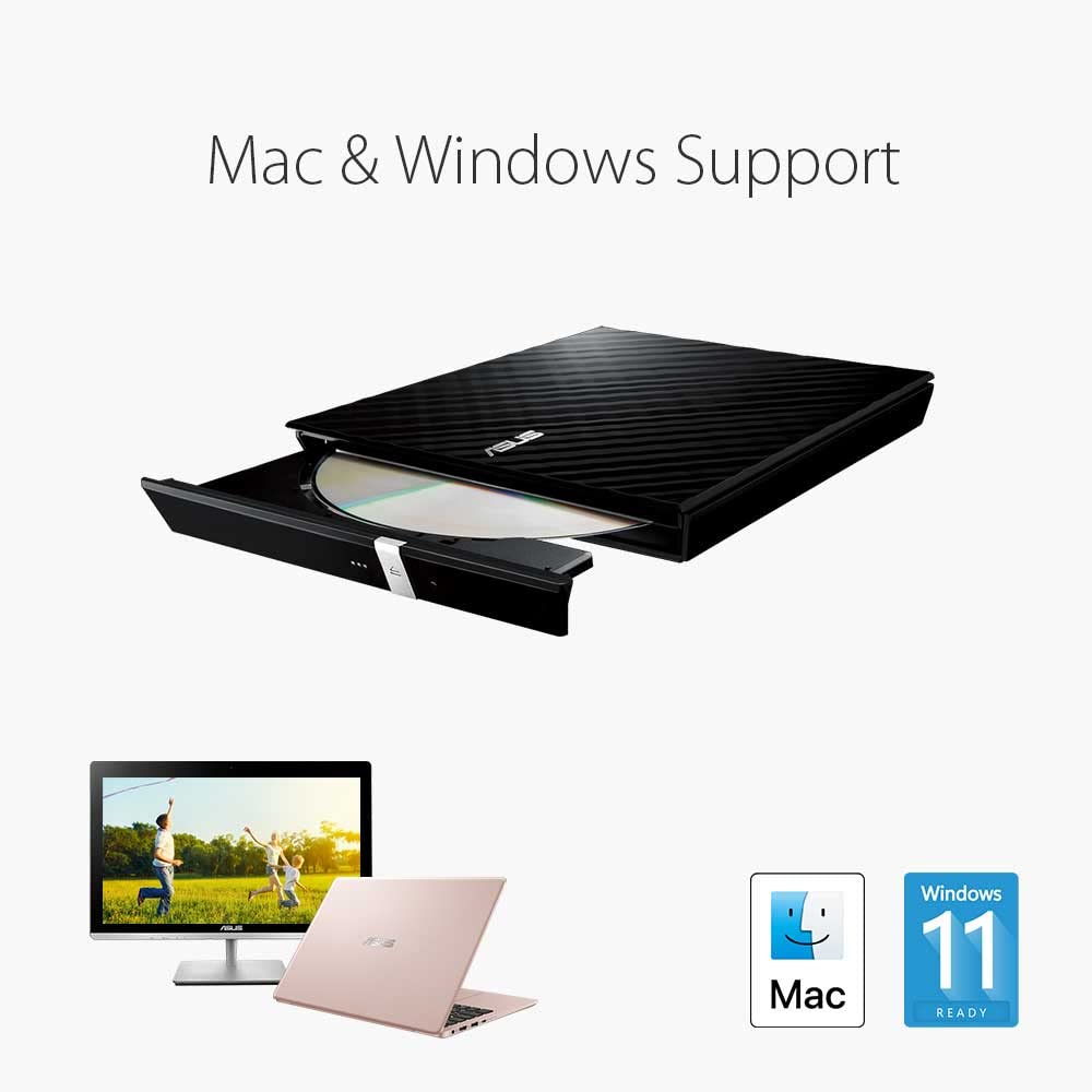 ASUS ASUS LITE Portable USB 2.0 Slim 8X DVD/ Burner +/- Rewriter External Drive, Compatible with both Mac & Windows, Black (SDRW-08D2S-U/BLK/G/AS)
