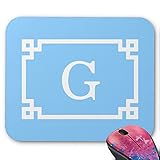 Sky Blue White Greek Key Frame #2 Initial Monogram Mouse Pad Personalized Rectangle Mouse Pad Oblong Gaming Mousepad Office Accessory And Gift In 9.25x7.25 Inch