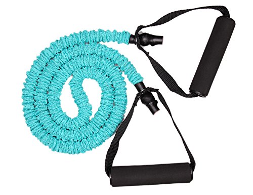 Resistance Tube with Fabric Shield, Foam Coated Handles, Exercise Cord, for Pilates, Workout, Strength Training (cyan)