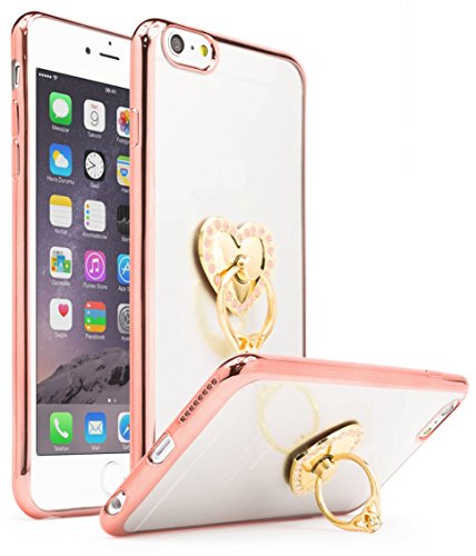 iPhone 6 Plus / 6s Plus Case, Bastex Ultra Thin Clear Luxury TPU Rose Gold Bumper Case Cover with Attachable Heart Pink Diamond Ring Holder for Apple iPhone 6 Plus/6s Plus