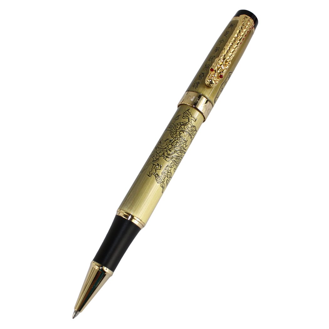 Gullor Dragon pattern & Chinese Characters Rollerball pen with Golden Dragon clip - Bronze