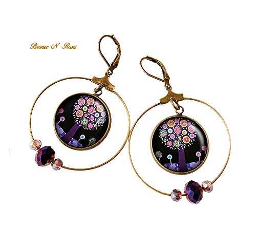 Boucles Doreille Créoles Arbre Aux Bouquets De Fleurs Pendants Bronze N Roses