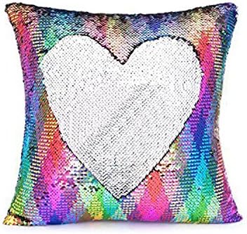 Wonder4 Pillow Case Sequins Cushion Cover Reversible Mermaid Throw Pillow Case Color 16x16 inches Changing Sequins Standard Cotton for Couch Decoration (Colorful Wave&Silver)