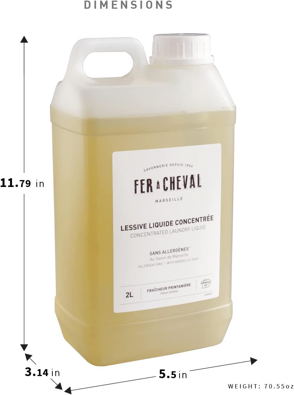 Fer à Cheval Concentrated Laundry Liquid, Allergen Free with Marseille Soap Laundry Detergent Liquid, Organic Washing Detergent Laundry Soap, Fresh Spring, 2L/67.6oz