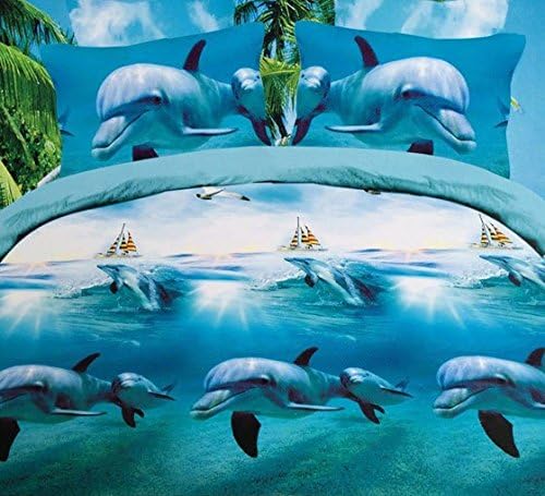 QiaoShang 4PCS Queen Size 3D Dolphin Undersea World Print Bedding Set Duvet Cover Sets Flat Sheet Pillowcase