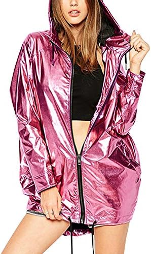 Women Metallic Hooded Zipper Drawstring Plus Size Jackets Coat