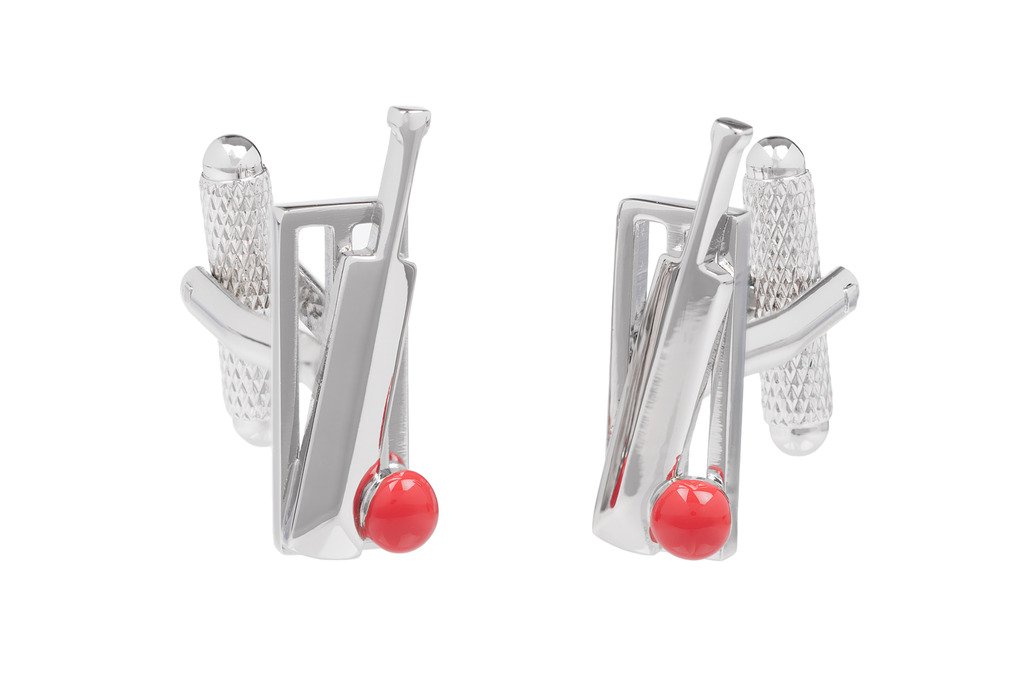 Red Cricket Ball Bat and Wicket Cufflinks - Supplied in Onyx Art Cufflink Box