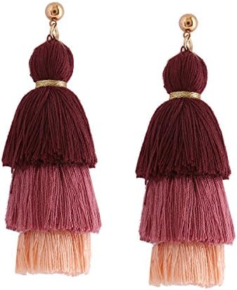 Multi Layered Tassel Earrings Tiered Thread Tassel Dangle Earrings-Brown+Pink