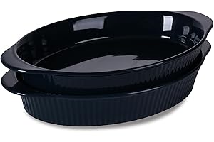 LEETOYI Porcelain 9x13 Large Oval Au Gratin Pans,Set of 2 Baking Dish Set for Servings, Bakeware with Double Handle for Kitchen and Home (Navy)