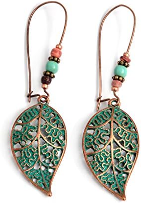 QIHOO Vintage Green bronze Engraving Dangle Hook Earrings for Women and Girls (red bronze)