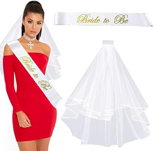 Bachelorette Party Decorations Veil &amp; Sash Set - White Double Ribbon Veil with Comb &amp; Bride To Be Satin White Sash with Golden letters l Supplies Bride Tribe Party Bundle Great Party Favors &amp; Ideas