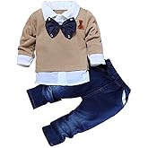MYGBCPJS 3Pcs Boy Handsome Outfit Set Plaid Shirt + T-Shirt + Suspender Jean Sets