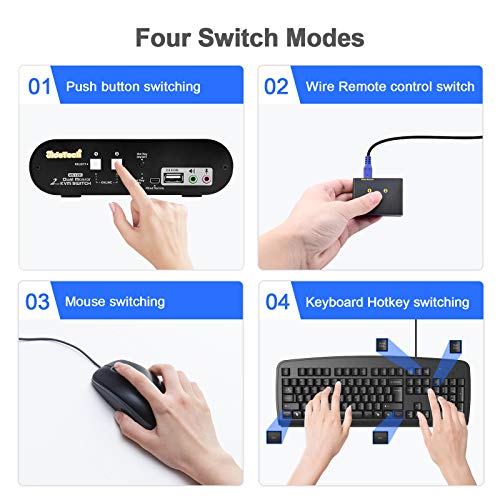 JideTech HDMI KVM Switch 2 Port Dual Monitor Extended Display with USB 2.0 Hub and Audio Microphone Output, Support 4K@30Hz Resolution,Wireless Keyboard & Mouse and Hotkey Switch