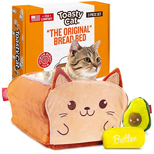 TOASTYCAT The Original Bread Cat Bed with 2 Plush Cat Toys Calming
