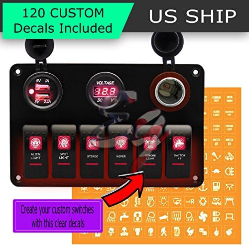 Frentaly LED Red Light Waterproof Marine/Boat Car Switch Panel 6 Gang Indicator 4 pin On Off Rocker Switch Custom Decal Sticker Assembly
