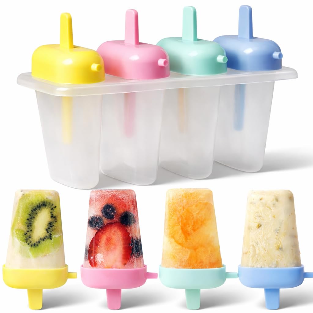 4 Ice Lolly Moulds, Healthy Refreshing Fruit Treat Maker with Sticks and Drip Guards, Ideal Summer Kitchen Activity with Children, DIY Popsicle, Great for Frozen Yogurt, Juice, Smoothies, Milkshake