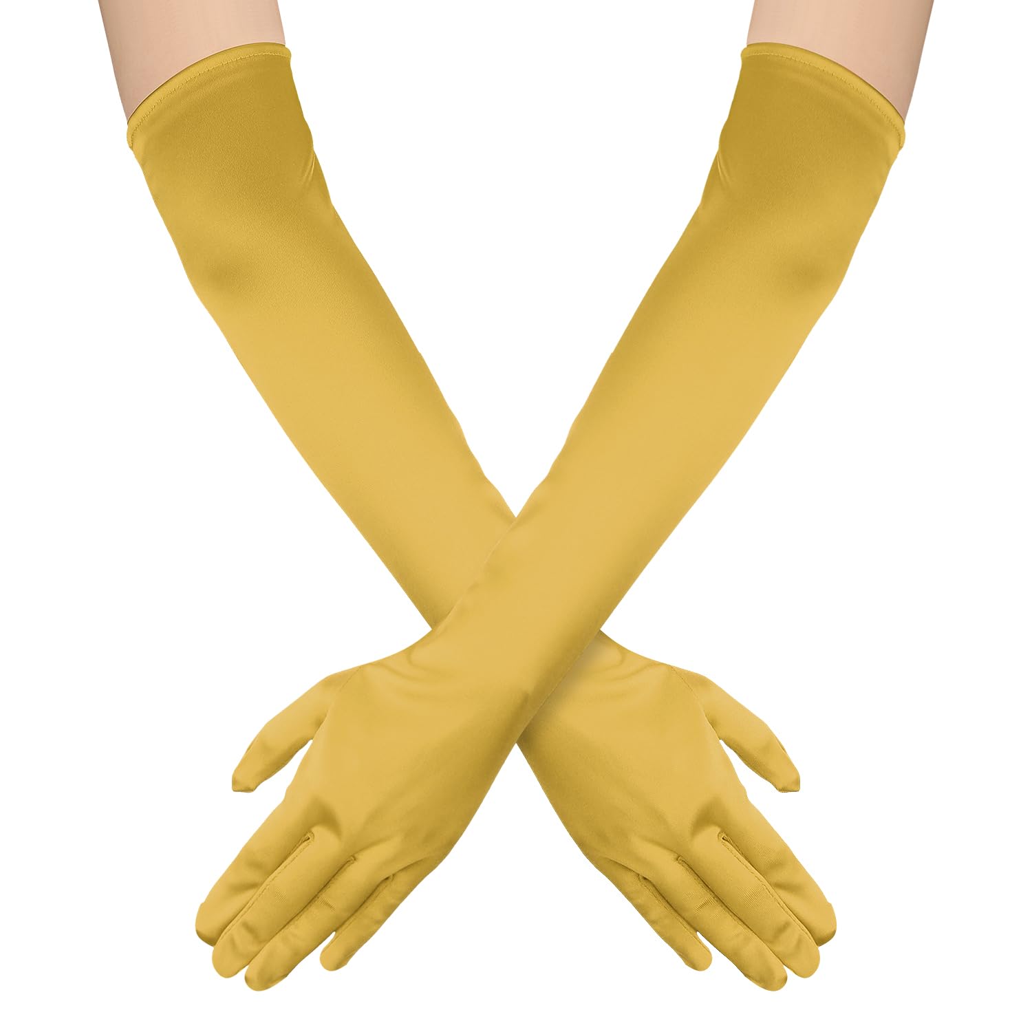 NQEUEPN Women's Gold Long Satin Gloves, 21" Stretchy Opera Gloves for Women, Adults