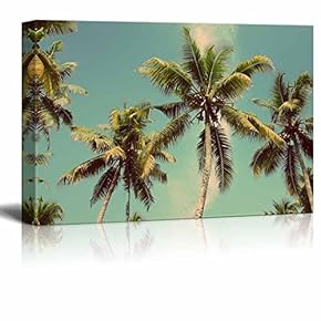 Canvas Prints Wall Art - Beautiful Tropical View/Scenery Branches of Coconut Palms Under Blue Sky Vintage Retro Style | Modern Wall Decor/Home Decoration - 12" x 18"