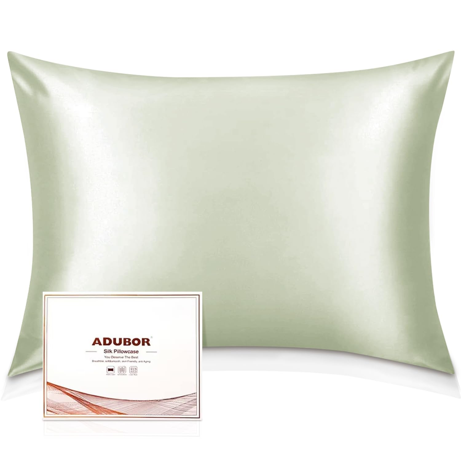 Adubor 100% Mulberry Silk Pillowcase for Hair and Skin with Hidden Zipper, Both Side 23 Momme Silk,900 Thread Count (50x75CM, Pea Green)