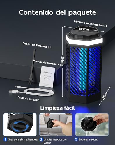 Regevo Rechargeable Electric Mosquito Lamp 8000mAh, 3 in 1 Electric Fly Swatter with LED and RGB Light, 2000V Insect Destroyer Outdoor and Indoor, IPX4 Waterproof for Camping, Garden, Home
