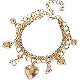 Multilayer Gold Chain Bracelet for Women Dainty Heart Beads Charms Rhinestone Link Bracelets Stake Layered Metal Link Bracelet Fashion Boho Jewelry
