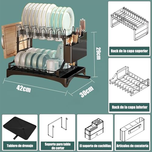 2 Niveles Escurridor de Platos Profesional,Escurridor de Trastes Acero Inoxidable con Bandeja de Canaleta en 360°,con Sistema de Drenaje Automático,Soporte para Vajilla,Vasos,Cubiertos y Utensilios