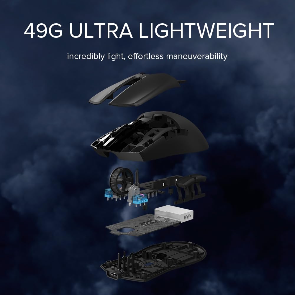 DeLUX M800 Ultra Wireless Gaming Mouse, Nordic 52840 MCU, PAW3395 26000DPI, 1000Hz Polling Rate, Tri-Mode Connection, 49g Lightweight, 60 Hours Endurance (300mAh-Black)