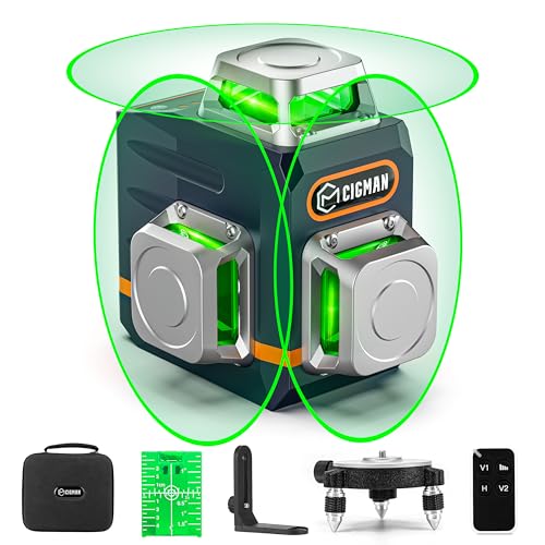 CIGMAN 3x360° Green Laser Level, Self Leveling Construction Site Laser, 30m Distance, 9 Hours Li-ion Battery, with Remote Control, Magnetic Stand, Swivel Tripod, Anti-Fall Carry Bag