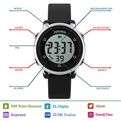 Kids Teens Girls Boys Waterproof Sports Digital Watches Timer with Alarm Stopwatch 7 colorful luminous Black - Thumbnail 5