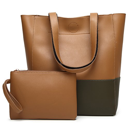 ArcEnCiel Women's Leather Tote Shoulder Bag Handbag (Brown&Dark Green)