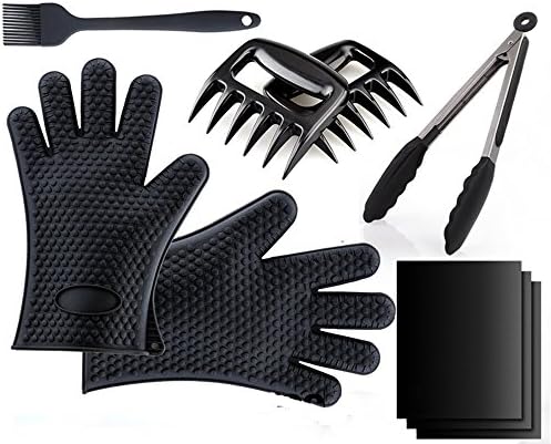 Iellevie Barbecue Tool Set 9 PCS,Pack of 2 Silicone Gloves,Pack of 3 Nonstick BBQ Mats,Pack of 2 Meat Shredder Claw,Silicone BBQ Tongs and Silicone Basting Grill Brush for Barbecue