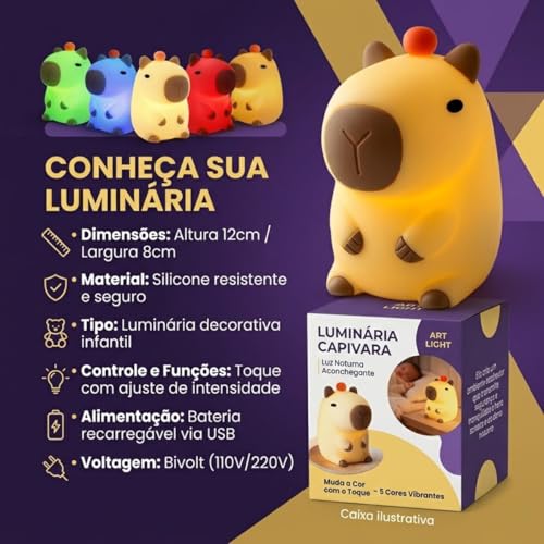 Luminária de Silicone Capivara LED Touch RGB, Bateria Recarregável USB com Intensidade de Luz Controlável no Toque e Temporizador Automático - Decoração Ideal para Crianças - Qualidade Premium LNSTORE
