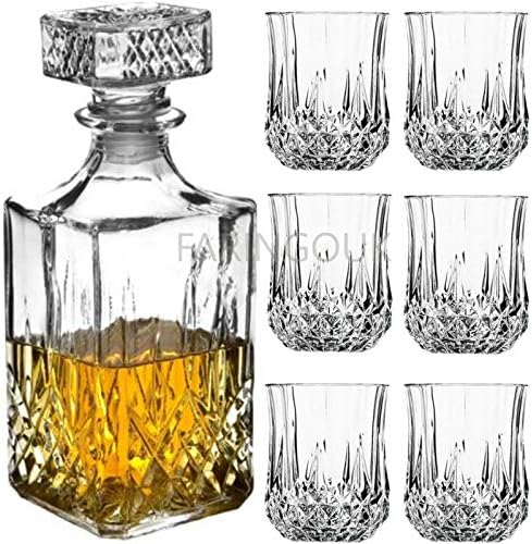 7pc Glass Whiskey Wine TUMBLERS & Square Glass DECANTER Bottle Boxed Set