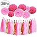 28Ct Hot Pink Gold Tissue Hanging Paper Decorations Kit Flamingo Wedding Favors Fuchsia Tissue Paper Pom-Poms Balls Tassel Hangings Garlands Baby Shower Party Decorations