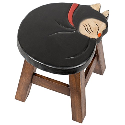 Tuxedo Cat Design Hand Carved Acacia Hardwood Decorative Short Stool