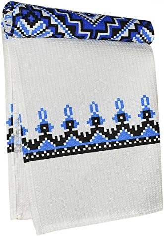 Pack of 2 Blue Ukrainian style Easter Gift Embroidery design Vintage Kitchen Waffle Wave Dish Towel Runner Rushnyk Set with Decorative Ornament 100% Cotton Kitchen Towel (Size: 29 x 14 inches)