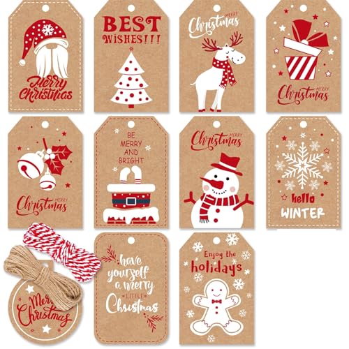 Christmas Gift Tags, 121PCS Christmas Gift Tags with String, Brown Kraft Paper Christmas Labels for Gifts, Christmas Tags for Gifts with String