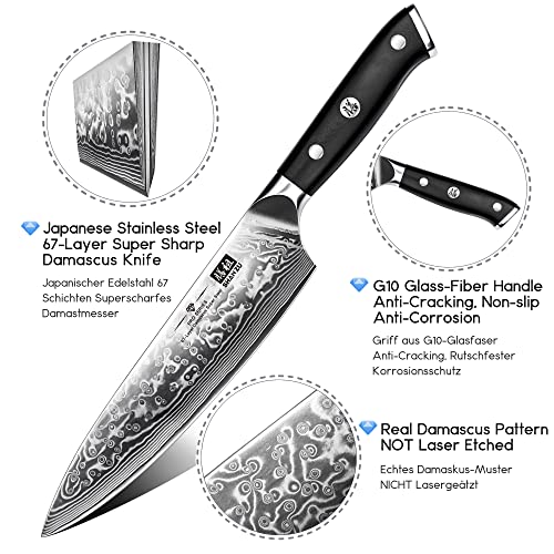 SHAN ZU Chef Knife 8 Inch Japanese Steel Damascus Kitchen Knife, Professional Kitchen Knives Sharp High Carbon Super Steel 67 Layers Kitchen Utility Knife with G10 Handle