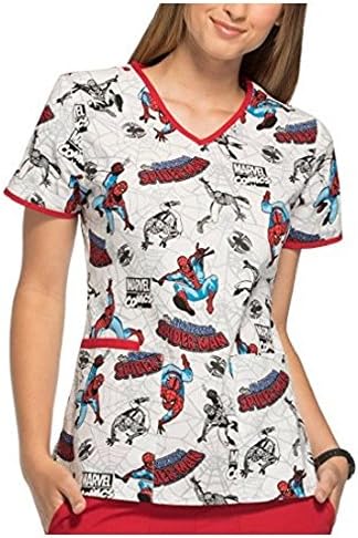 Women's Marvel Spider Man Fashion Collection Spin a Web Printed Scrub Top - 2XL