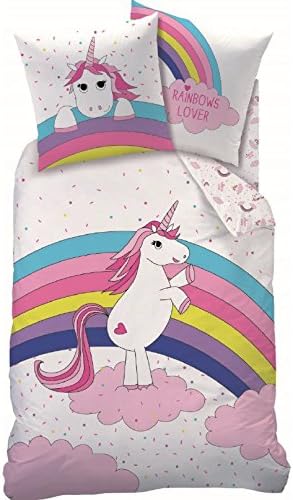 Unicorn girls' bed linen – rainbows love dance – reversible motif – pink, white, colourful – pillowcase 80 x 80 cm + duvet cover 135 x 200 cm – 100% cotton.