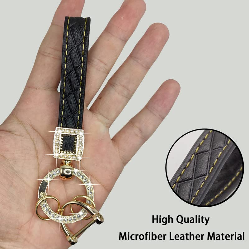 Daemson Microfiber Leather Car Keychain, Bling Diamond Keychains for Women, Universal Car Key Fob Holder with 360 Degree Rotatable, Anti-Lost D-Ring, 2 Keyrings and 1 Screwdriver (Black)