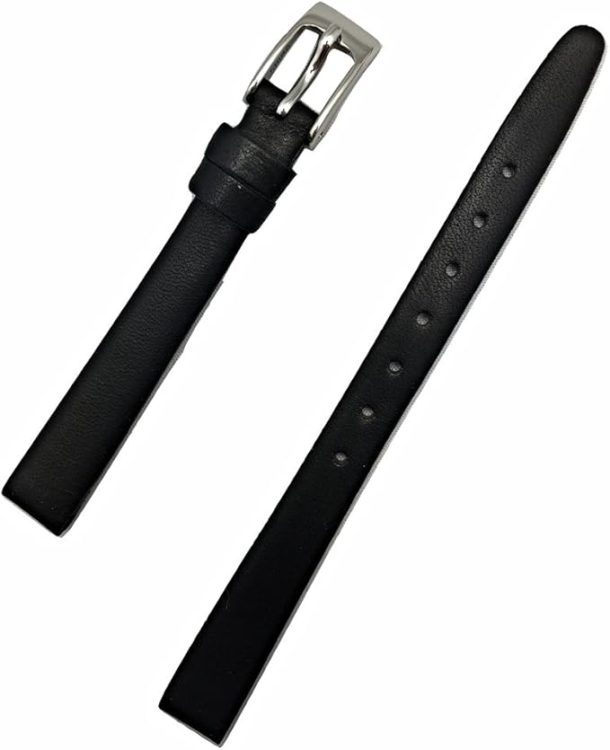 10mm Black Genuine Leather Watch Band Flat, Soft