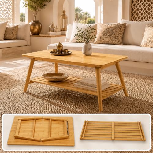 Hcosmy No Assembly Bamboo Coffee Table, 2-Tier Tea Table with Storage Shelf, Japanese Living Room Table, Space Saving Side End Table for Living Room Home Office